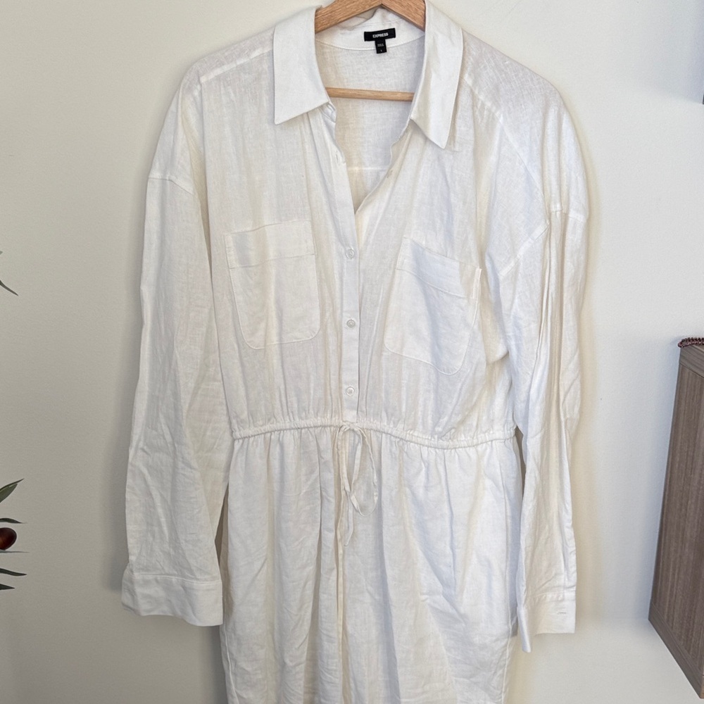 Express Linen Blend White Short Jumpsuit with Drawstring Waist Size L - Picture 3 of 9